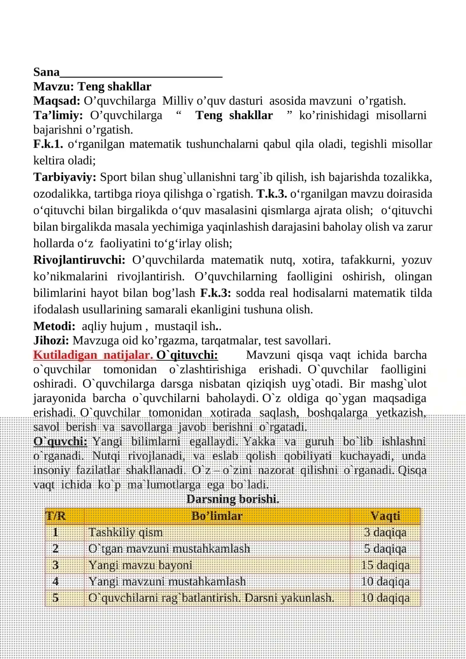 Teng shakllar 1-sinflar uchun Matematika fanidan dars ishlanmasi 2