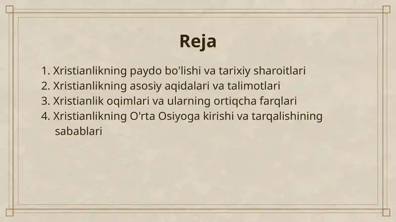 XRISTIANLIKNING PAYDO BOLISHI AQIDALARI ASOSIY YONALISHLARI TALIMOTLARI VA MANBALARI XRISTIANLIK DINING ORTA OSIYOGA KIRIB KELISHI TARQALISHI 2