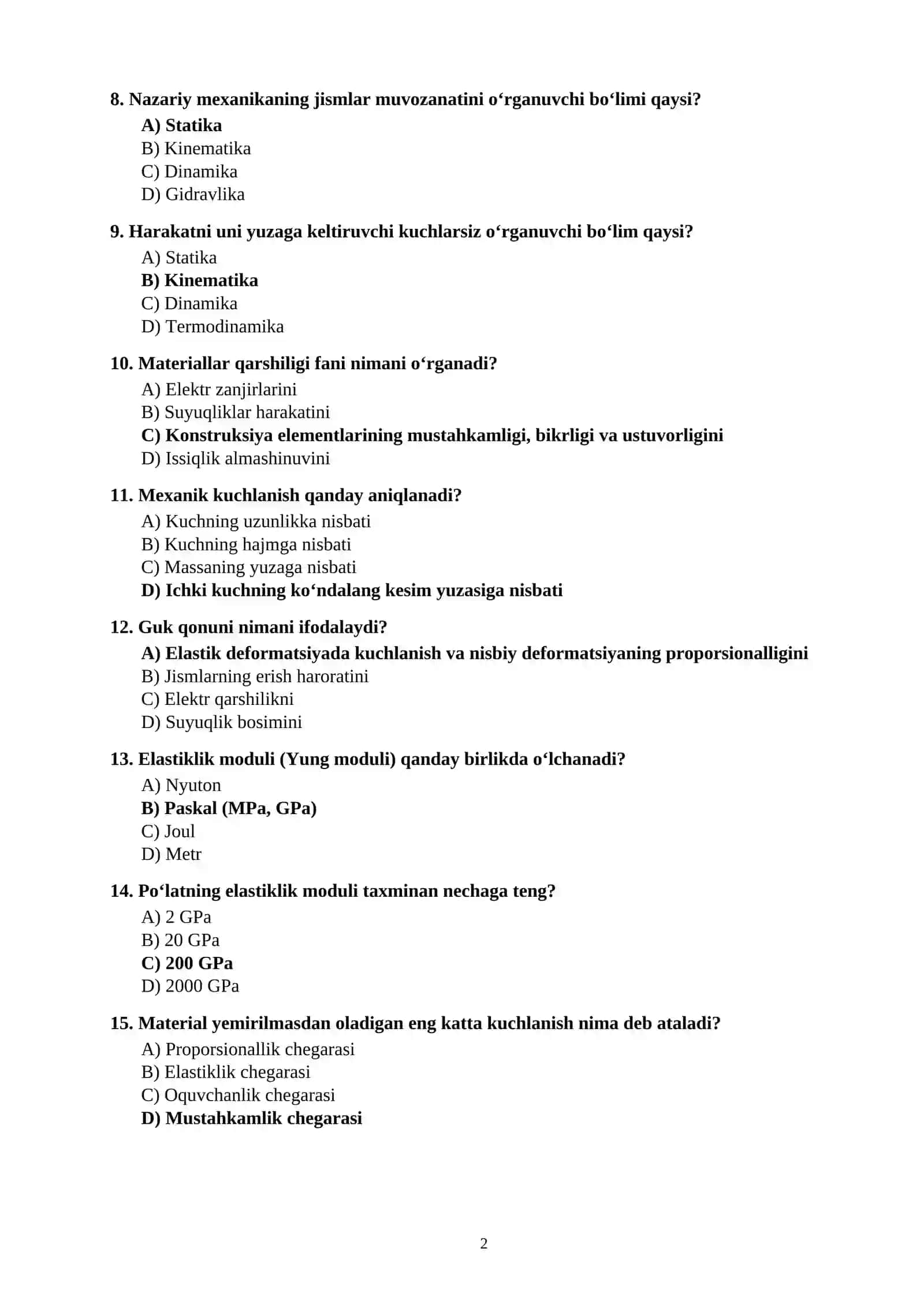 MUHANDISLIK FANIDAN 100 TA TEST SAVOLLARI JAVOBLARI BILAN 2