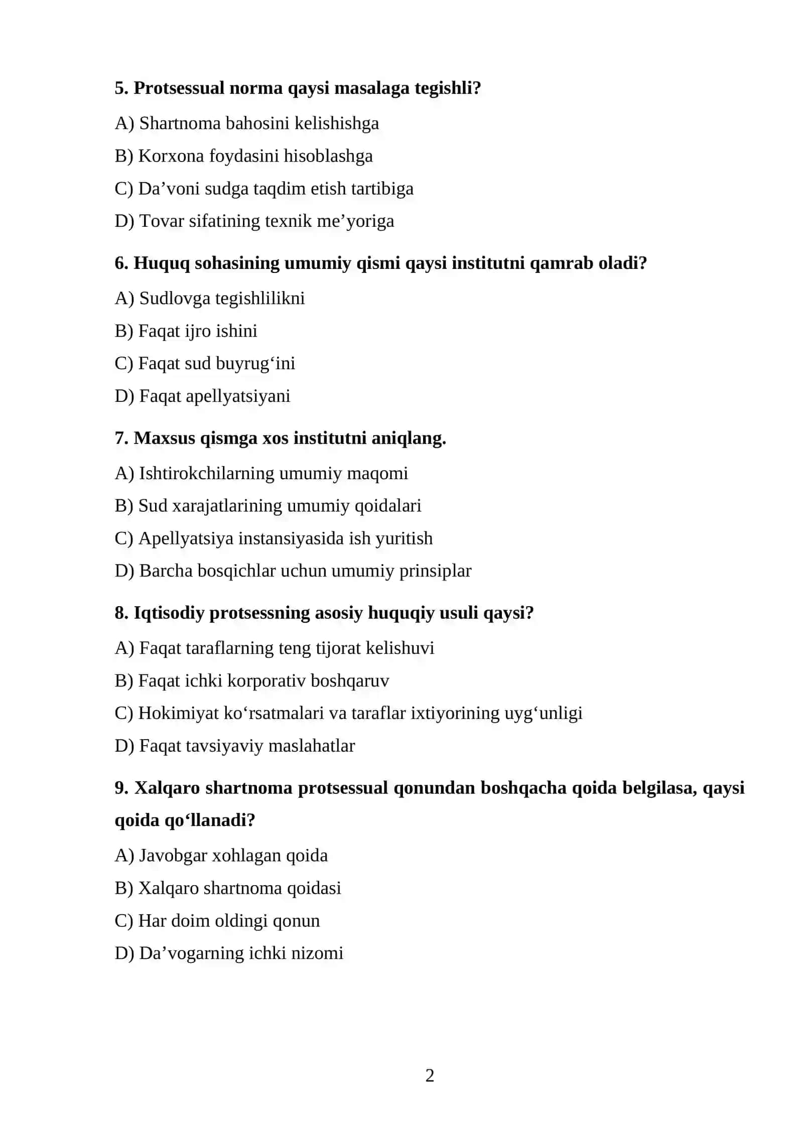 Iqtisodiy protsessual huquqi tushunchasi, tizimi, manbalari TEST 2