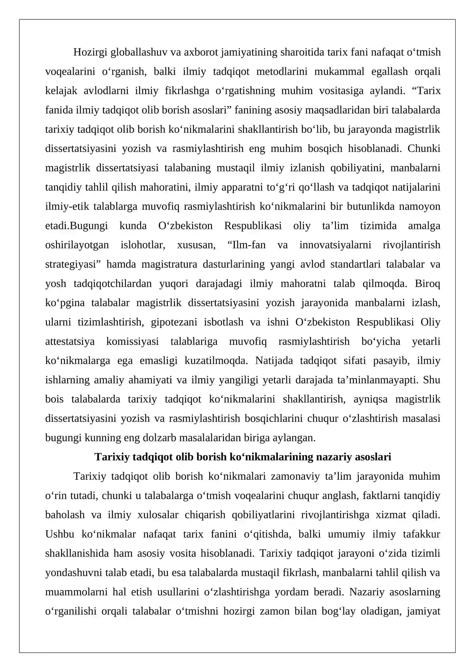 Tarixiy tadqiqot olib borish ko‘nikmalarini shakllantirish: magistrlik dissertatsiyasini yozish va rasmiylashtirish 2