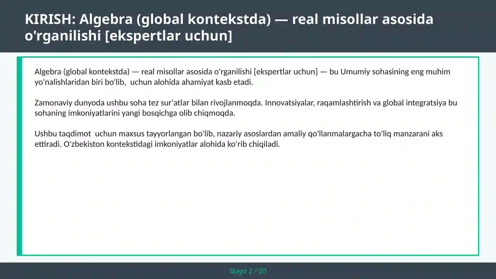 Algebra (GLOBAL KONTEKSTDA) — REAL MISOLLAR ASOSIDA O'RGANILISHI [EKSPERTLAR UCHUN] 2