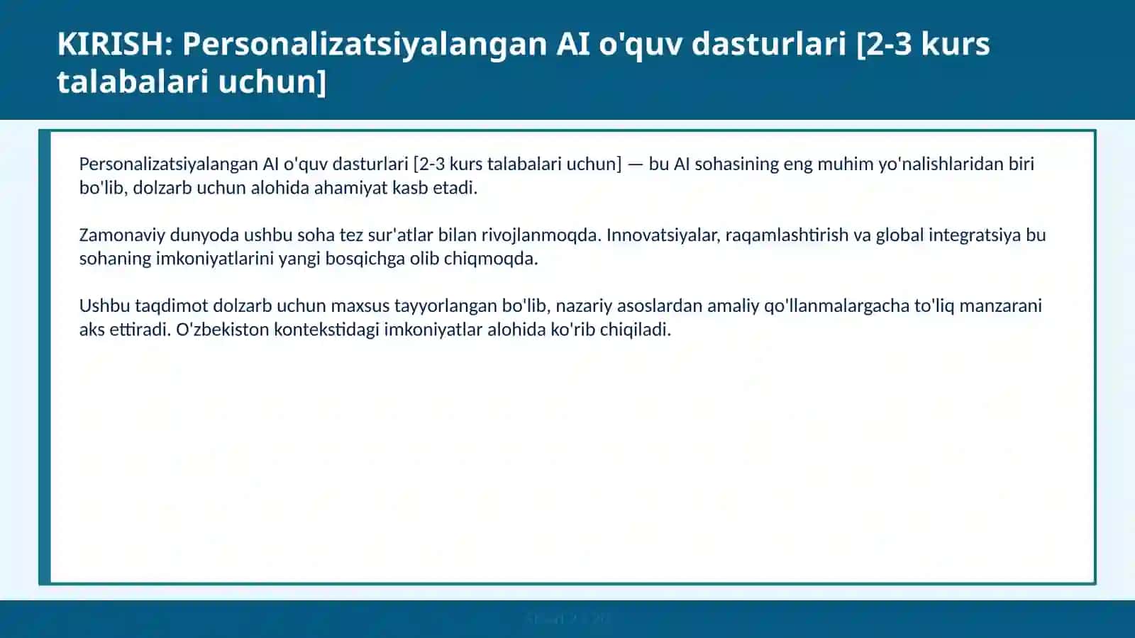 Personalizatsiyalangan AI o'quv dasturlari [2-3 kurs talabalari uchun] 2