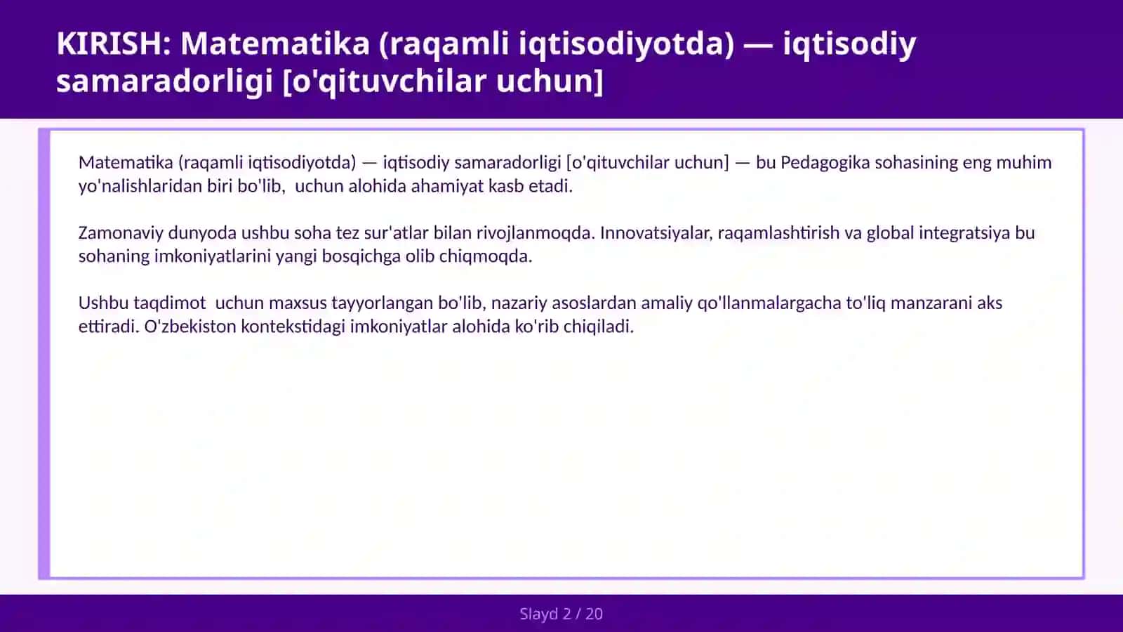 Matematika (raqamli iqtisodiyotda) — iqtisodiy samaradorligi [o'qituvchilar uchun] 2
