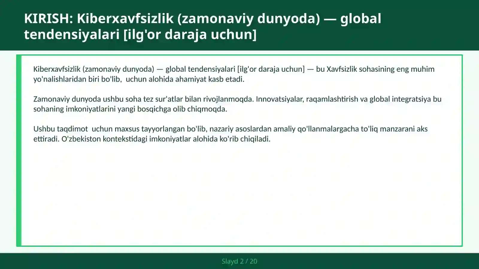 Kiberxavfsizlik (ZAMONAVIY DUNYODA) — GLOBAL TENDENSIYALARI [ILG'OR DARAJA UCHUN] 2