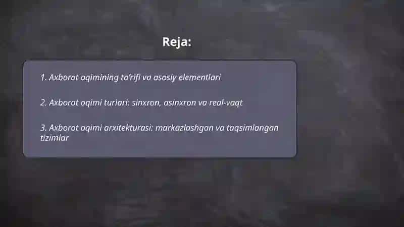 Axborot oqimi - tizim ichida yoki tizimlararo axborotning uzluksiz almashinuvi, uzatilishi va qabul qilinishi jarayoni 2