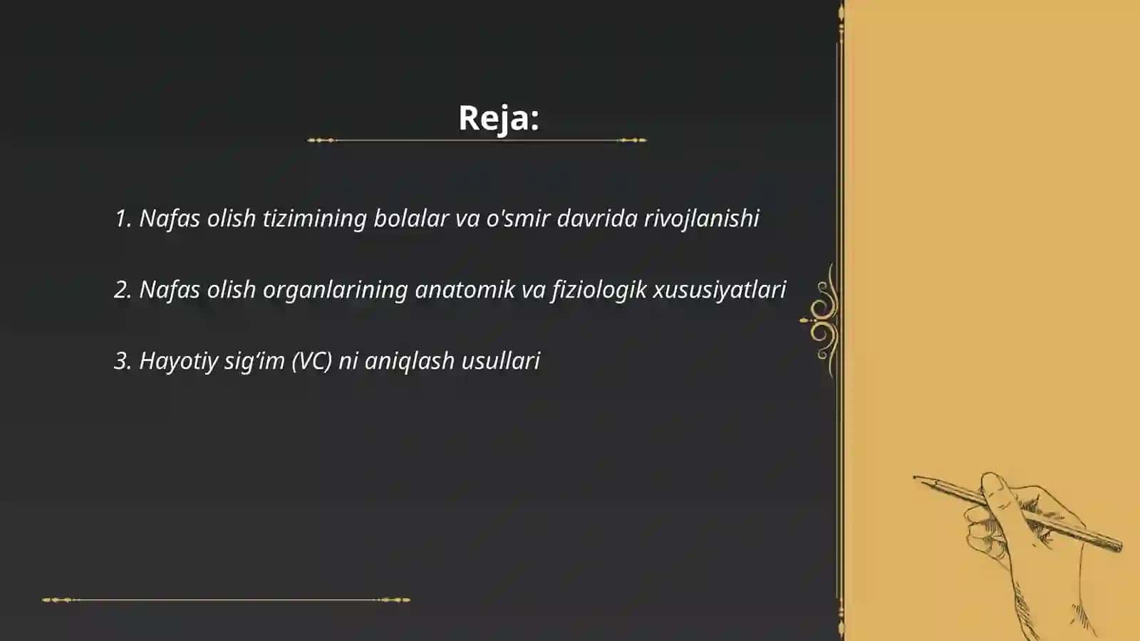 Nafas tizimining yoshga oid fizIologiyasi va gigiyenasi. Õpkaning tiriklik sig'imini aniqlash 2