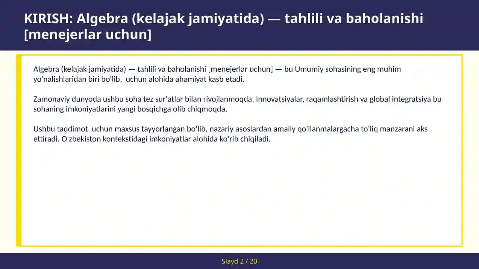 Algebra (Kelajak Jamiyatida) - Tahlili va Baholanishi [Menejerlar uchun] 2