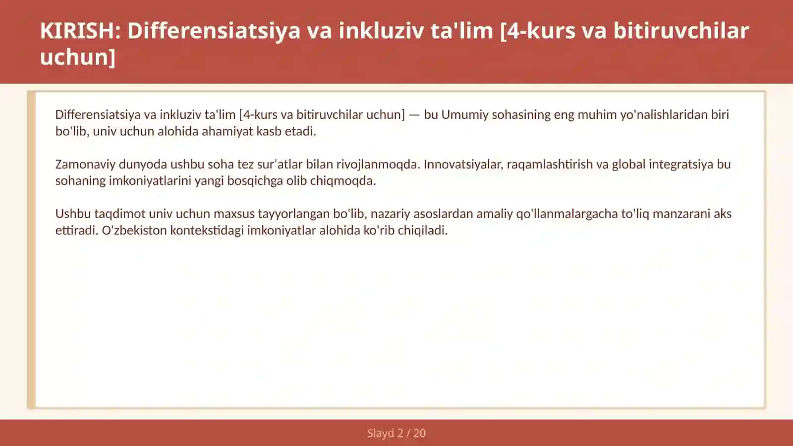 Differensiatsiya va inkluziv ta'lim [4-kurs va bitiruvchilar uchun] 2