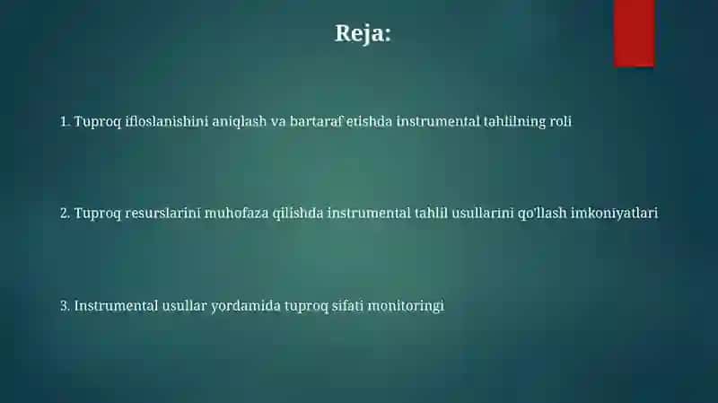 Tuproq ifloslanishini monitoring qilishda instrumental tahlil usullarini qo'llash imkoniyatlari 2