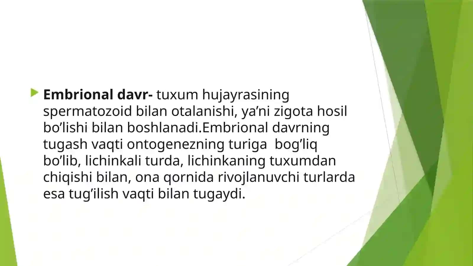 Embrional rivojlanishning   umumiy qonuniyatlari.Embriogenez.   Teratogen omillar. 2
