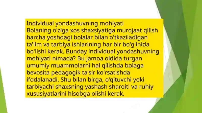 TA’LIM RIVOJLANTIRISH JARAYONIDA BOLALARGA INDIVIDUAL YONDASHISHI TEXNOLOGIYASINI AMALGA OSHIRISH UCHUN PSIXOLOGIK –PEDAGOGIK SHAROITLAR 2