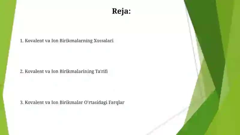 Kovalent va Ion Birikmalarning Xossalari 2