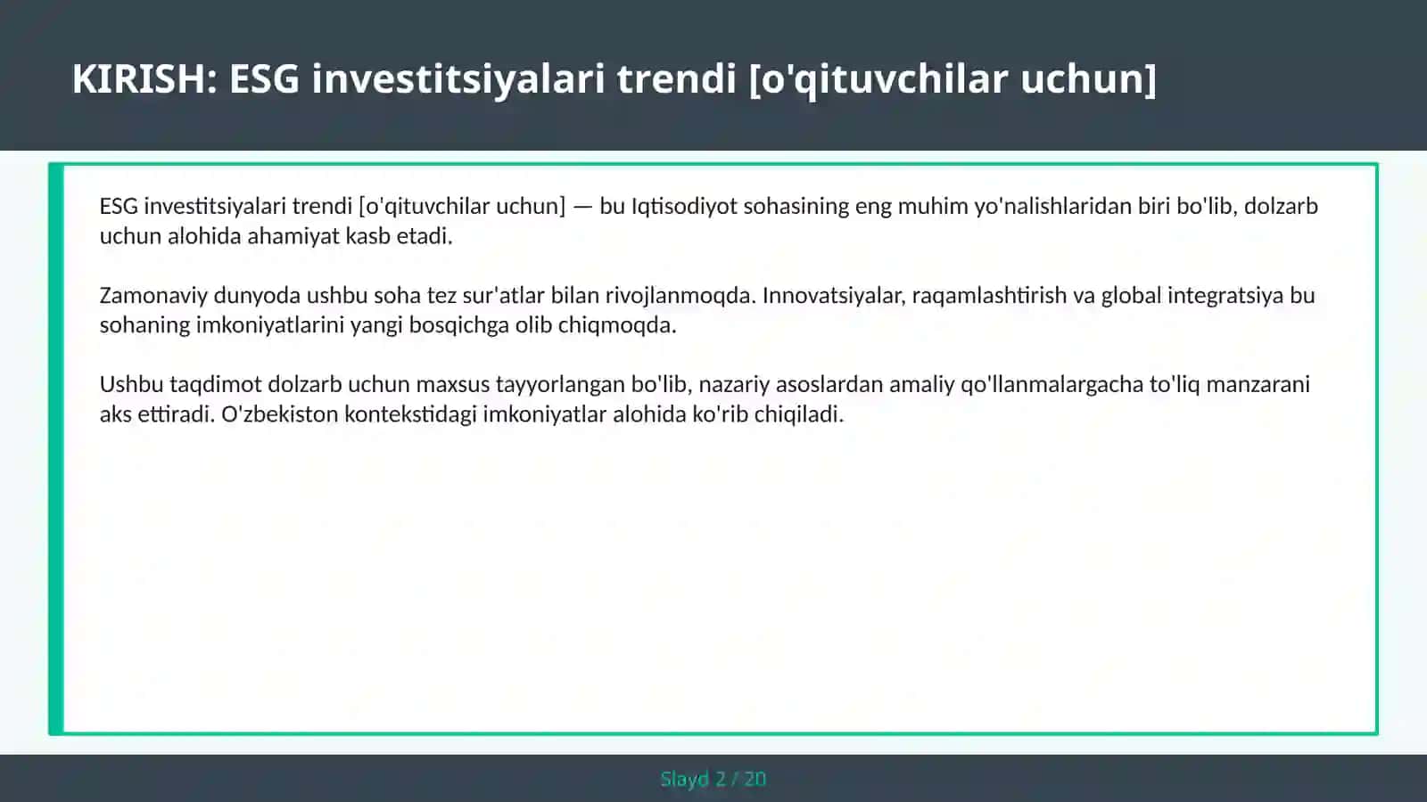 ESG investitsiyalari trendi [o'qituvchilar uchun] 2