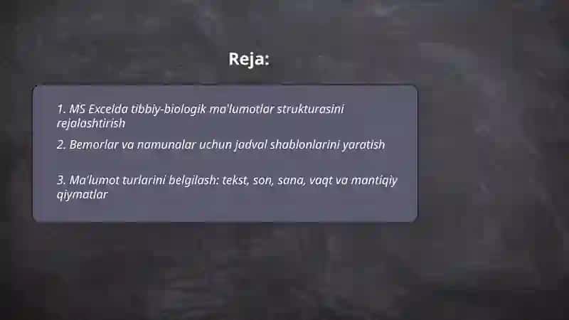 MS Excel Tibbiy-Biologik Ma'lumotlar 2