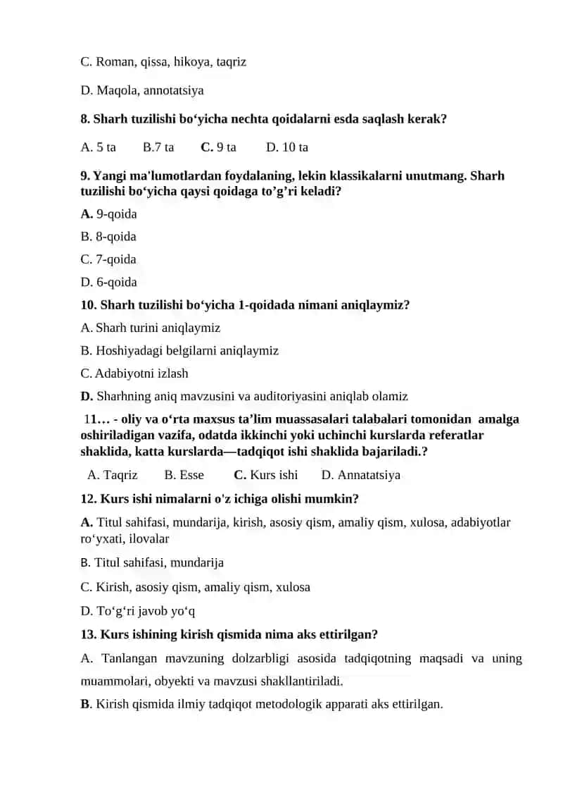 Akademik yozuv fanidan "Ilmiy sharh va kurs ishi. Kurs ishining tuzilishi" mavzusida test savollari (javoblari bilan) 2