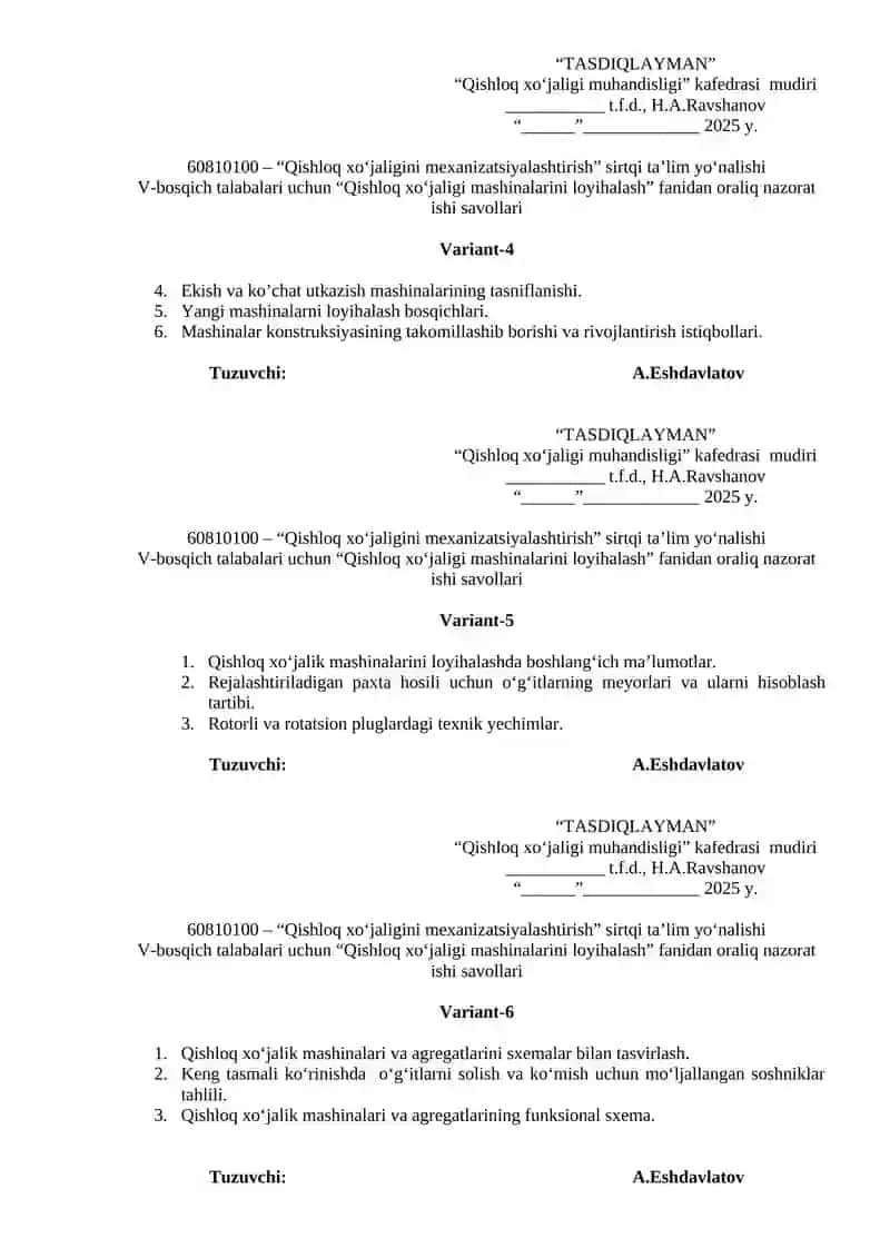 Qishloq xo‘jaligi mashinalarini loyihalash nazorati 2