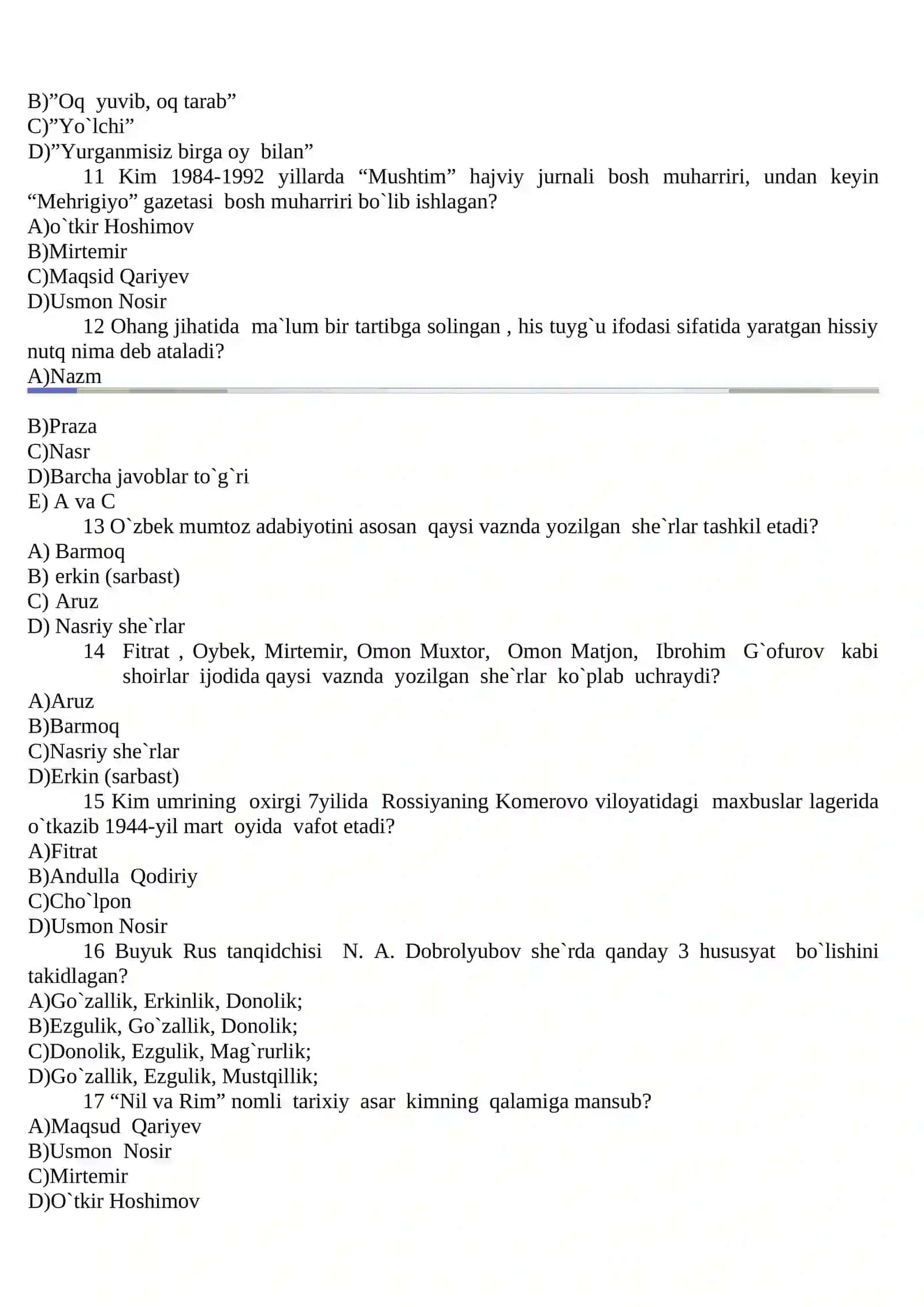 Adabiyot fanidan testlar 2