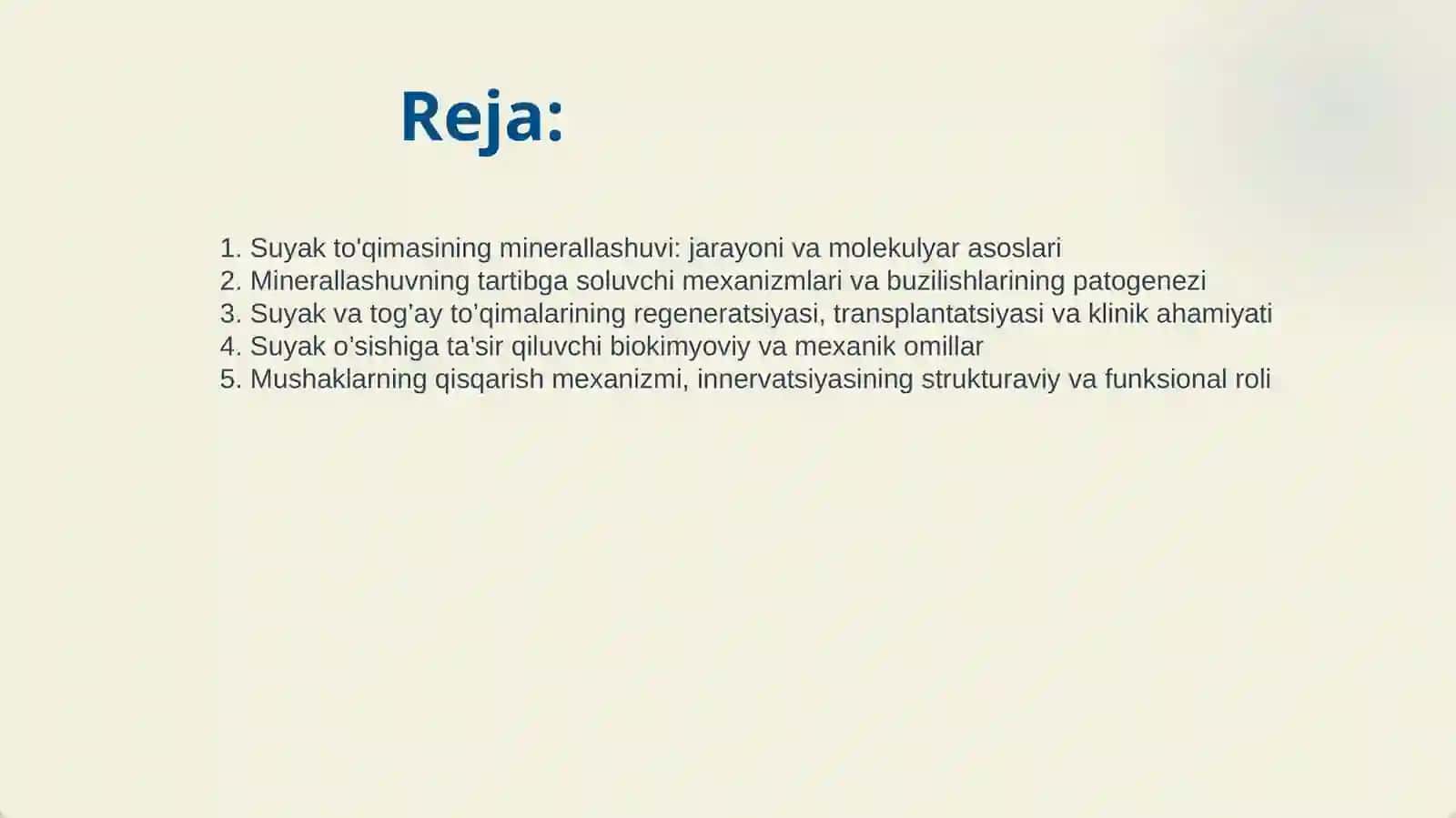 SUYAK TO’QIMALARINING MINERALLASHUVI, UNING TARTIBGA SOLINISHI VA BUZILISHLARI. SUYAK VA TOG’AY TO’QIMALARINING REGENERATSIYASI VA TRANSPLANTATSIYASI. SUYAKNING O’SISHIGA TA’SIR QILUVCHI OMILLAR. KO’NDALANG TARG’IL VA SILLIQ MUSHAKLARNING QISQARISH MEXANIZMI. MUSHAKLARNING TARAQQIYOTI, STRUKTURAVIY BUTUNLIGINI SAQLANISHI VA REGENERATSIYASIDA INNERVATSIYASINING AHAMIYATI 2
