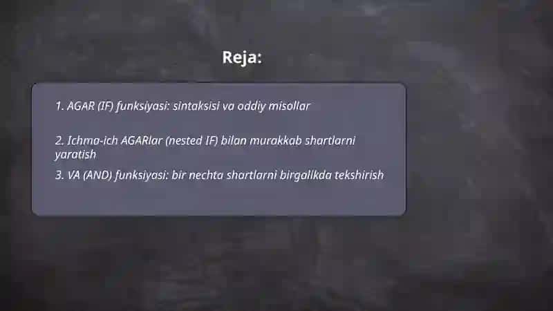EXCEL jadval hisoblagichidagi mantikiy funktsiyalar va ulardan foydalanish 2