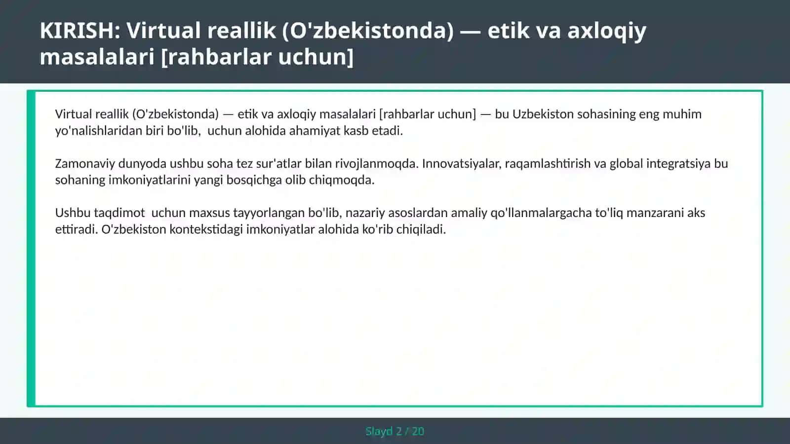 Virtual reallik (O'zbekistonda) — ETIK VA AXLOQIY MASALALARI [RAHBARLAR UCHUN] 2