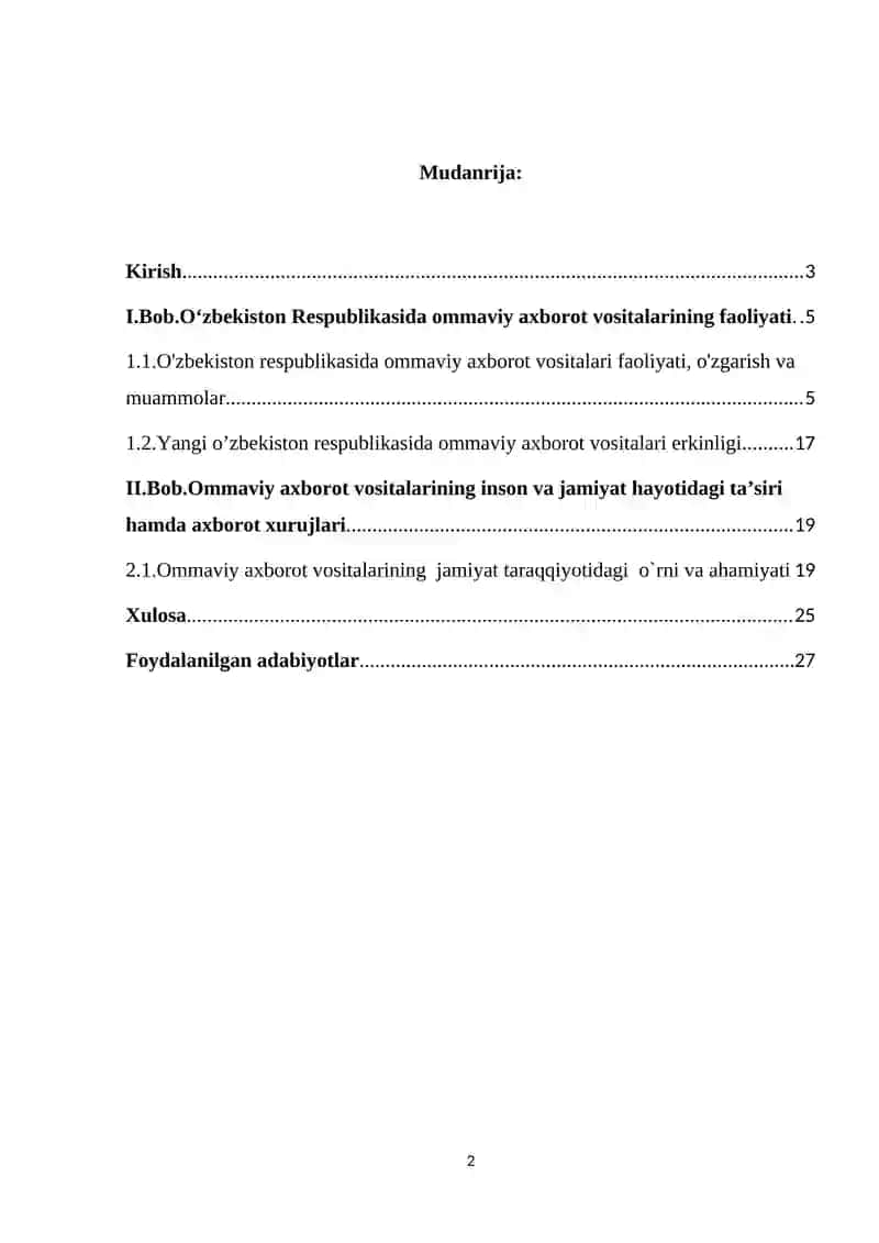 O‘zbekiston Respublikasida Ommaviy Axborot Vositalarining Faoliyati (O‘zgarish va muammolar) Kurs Ishi 2