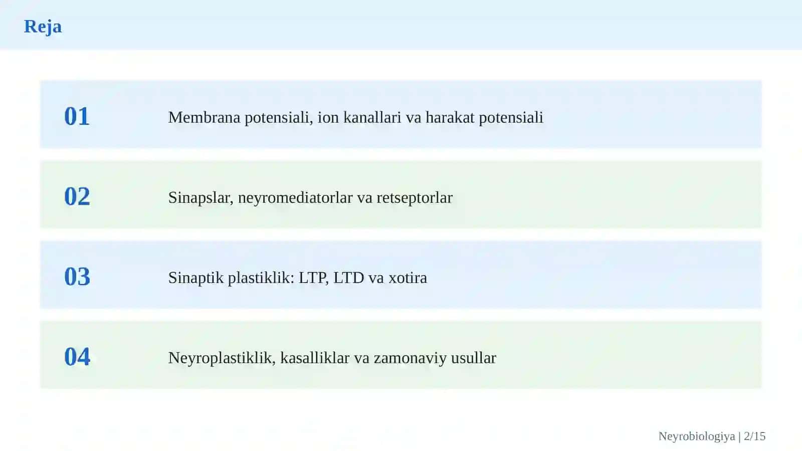 Neyronlarning molekulyar va elektrofiziologik mexanizmlari: sinaptik uzatish va neyroplastiklik 2