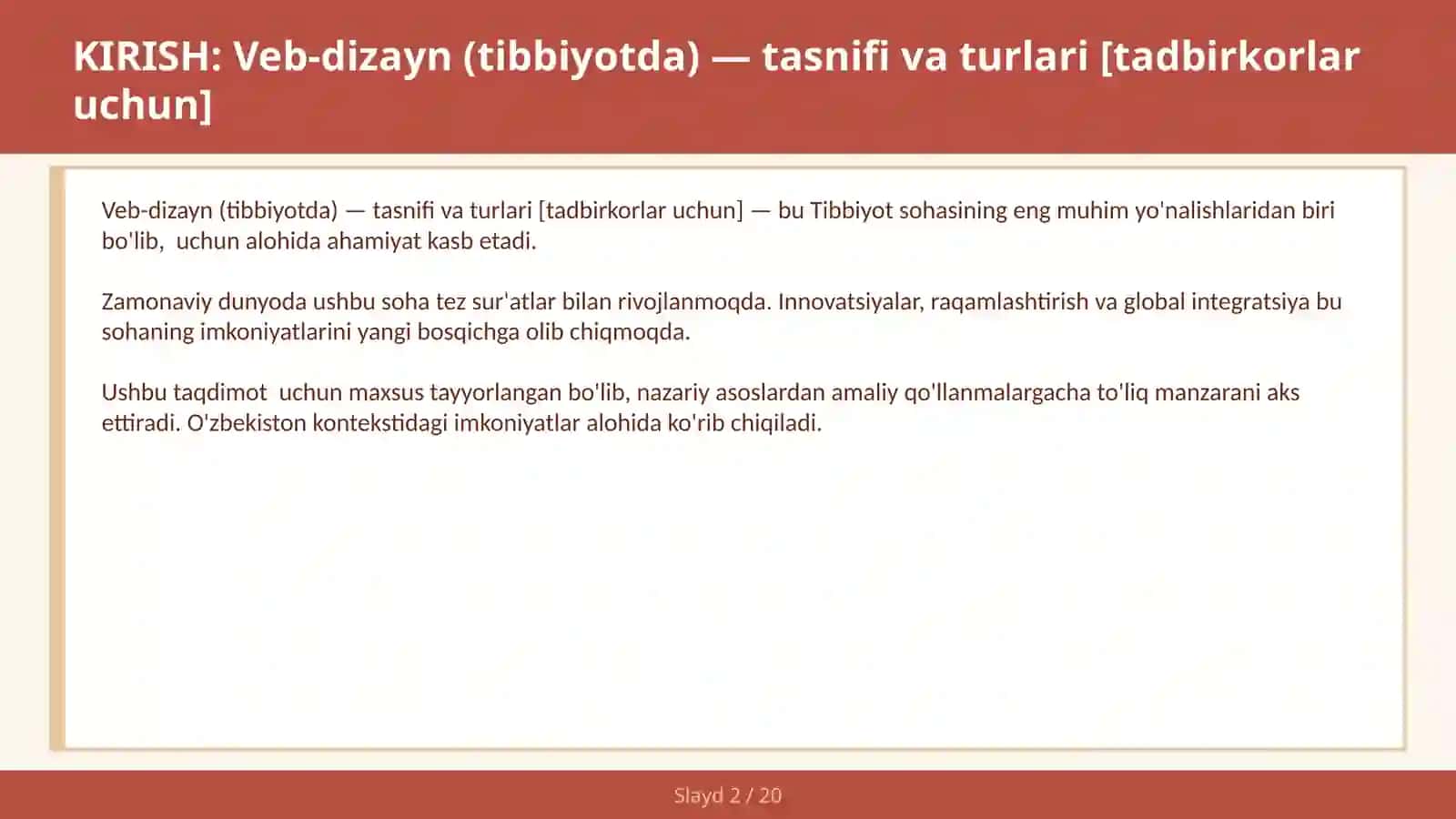 VEB-DIZAYN (TIBBIYOTDA) — TASNIFI VA TURLARI [TADBIRKORLAR UCHUN] 2