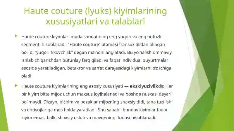 Haute couture (Lyuks) segmentiga oid kiyimlarni loyihalash 2
