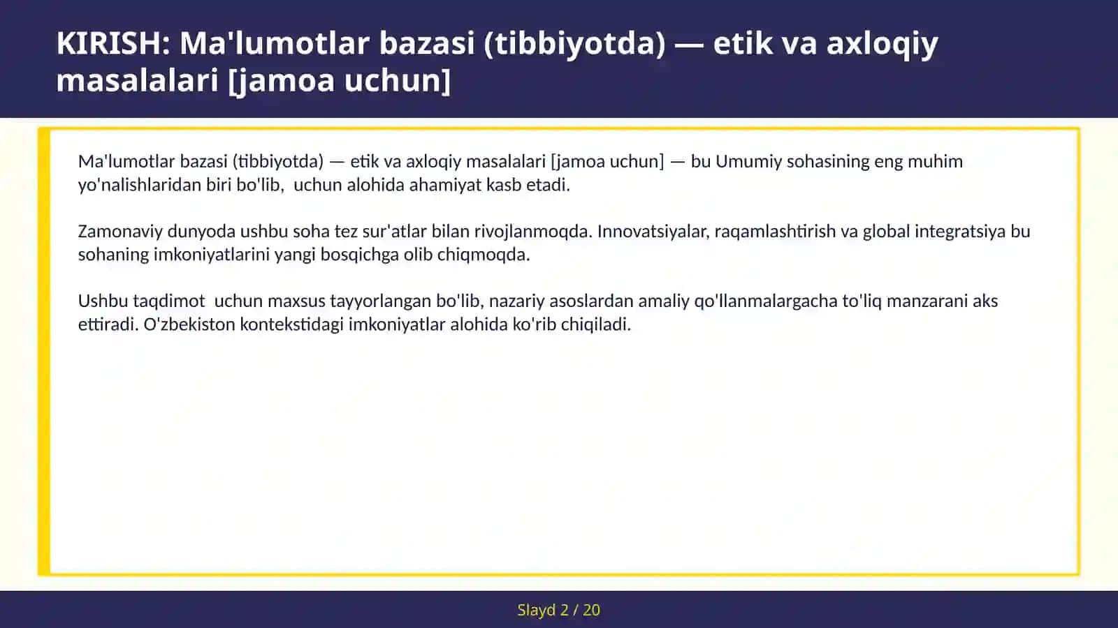 Ma'lumotlar bazasi (tibbiyotda) — etik va axloqiy masalalari [jamoa uchun] 2