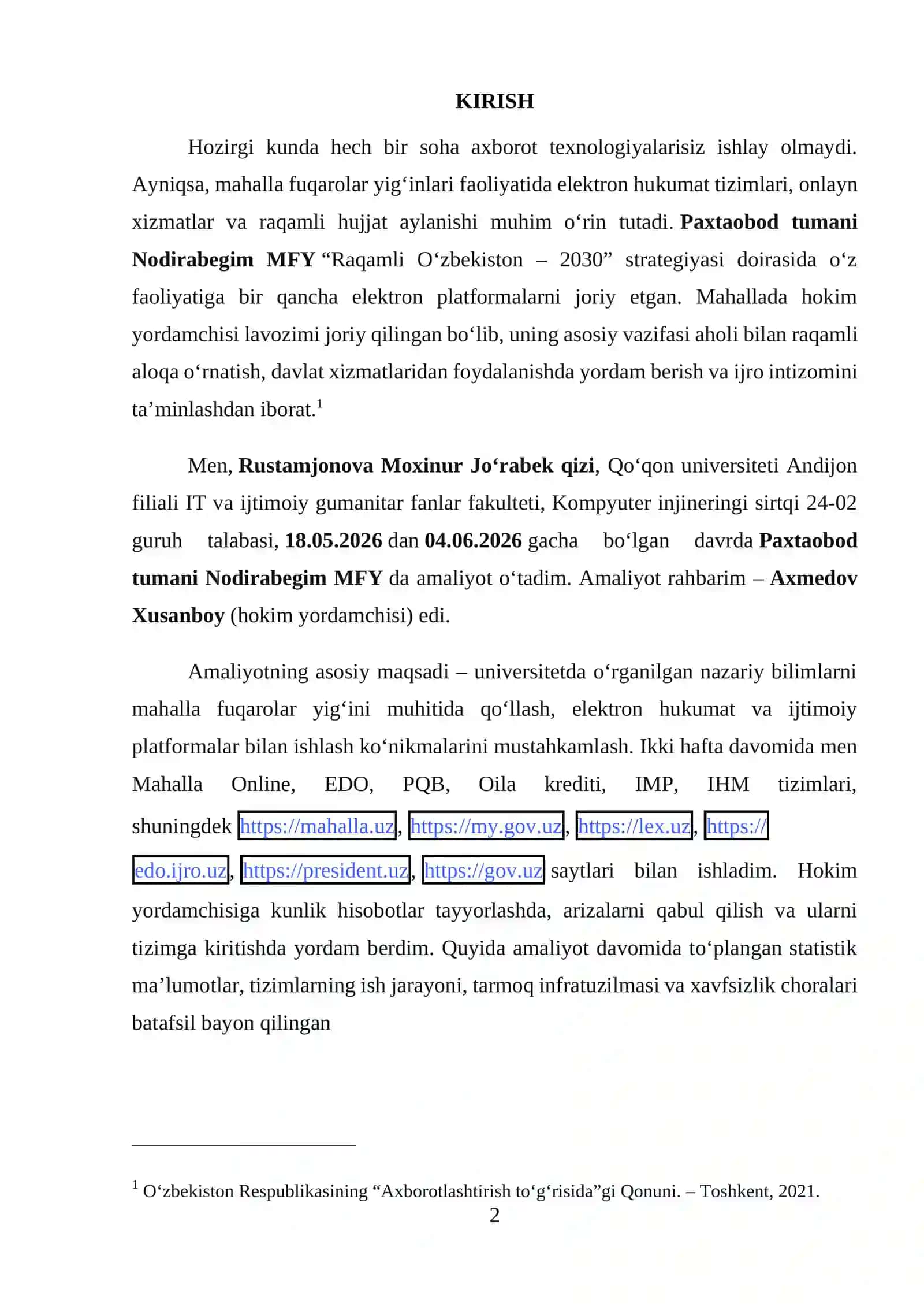 Paxtaobod tumani Nodirabegim MFY. Amaliyot hisoboti. 2