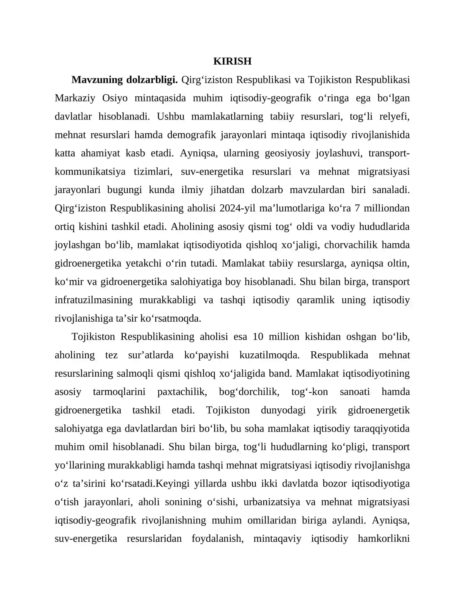Qirg’iziston va Tojikiston Respublikalariga iqtisodiy-geografik tavsif 2