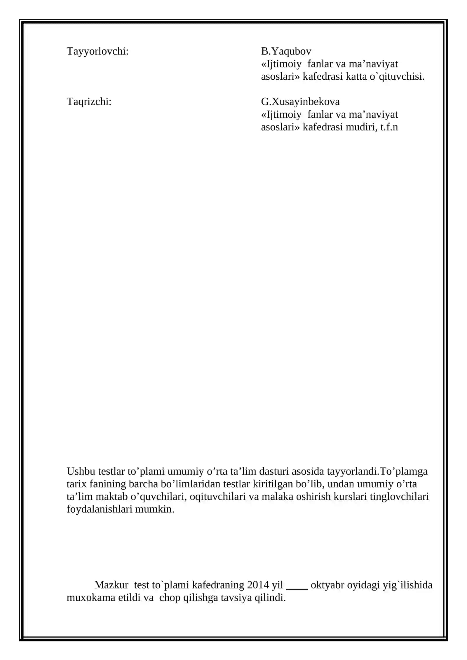 Tarix fanidan test savollar to'plami 2
