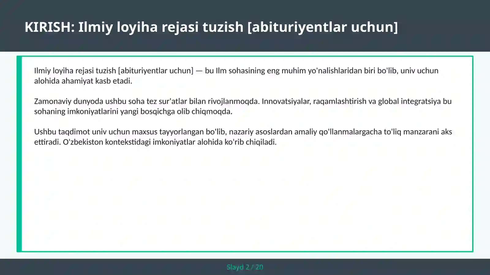 Ilmiy loyiha rejasi tuzish [abituriyentlar uchun] 2