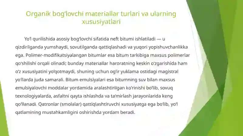 Organik bog‘lovchi materiallar va ulardan yo‘l qurilishda foydalanish 2