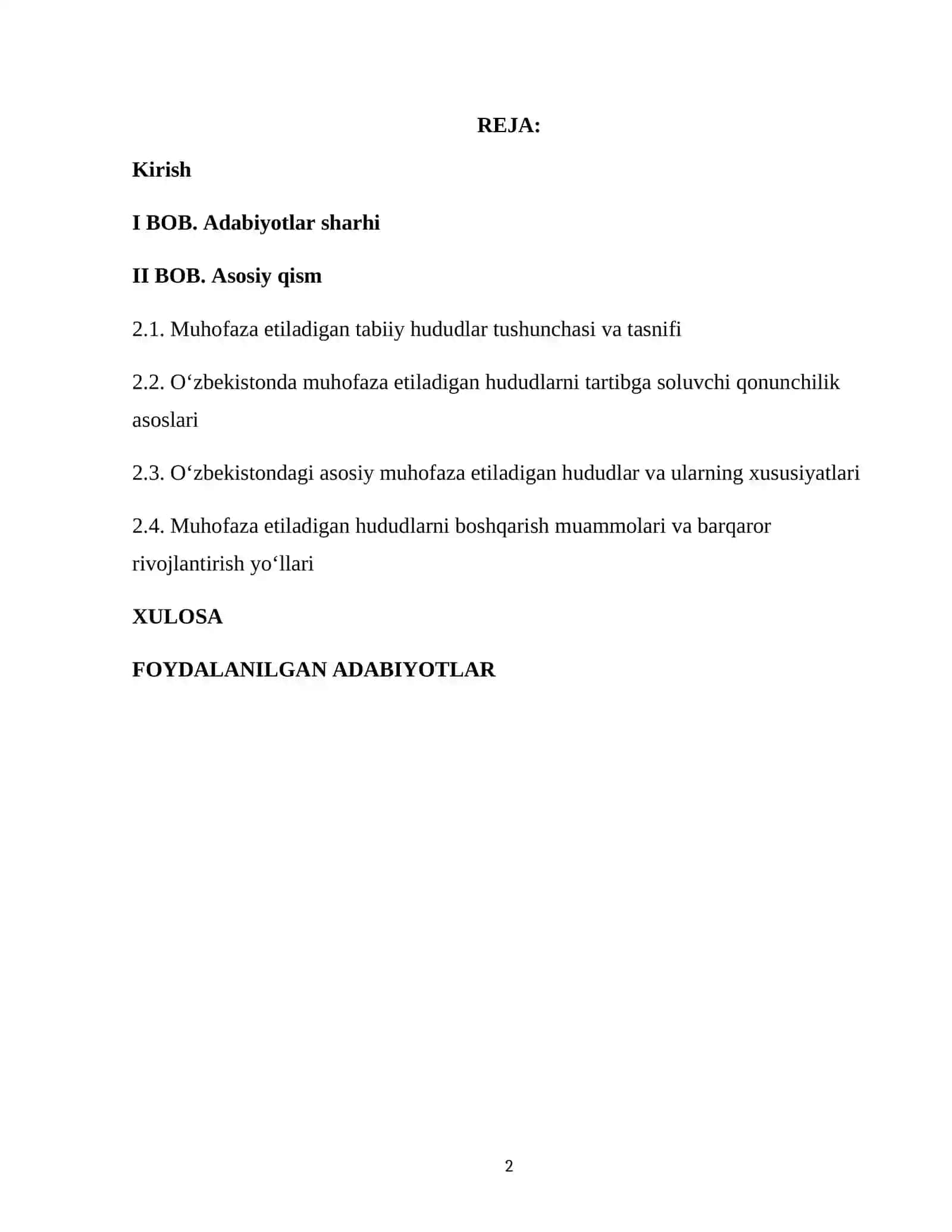 O‘ZBEKISTONNING MUHOFAZA ETILADIGAN TABIIY (QO‘RIQXONALAR, BUYURTMAXONALAR, TABIAT BOG‘LARI, REZERVATLAR, PITOMNIKLAR) HUDUDLARI 2