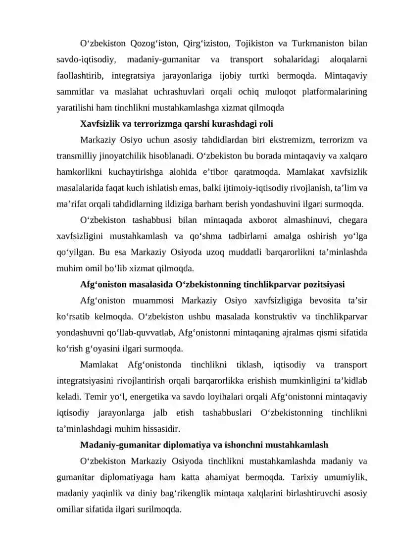 Oʻzbekistonning Markaziy Osiyoda tinchlik va barqarorlikni ta’minlashdagi oʻrni 2