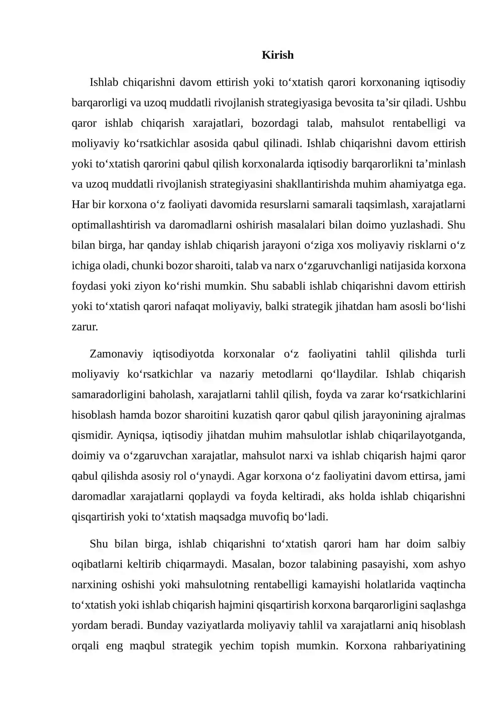 Ishlab chiqarishni davom ettirish yoki to‘xtatish qarorini tahlil qilish 2