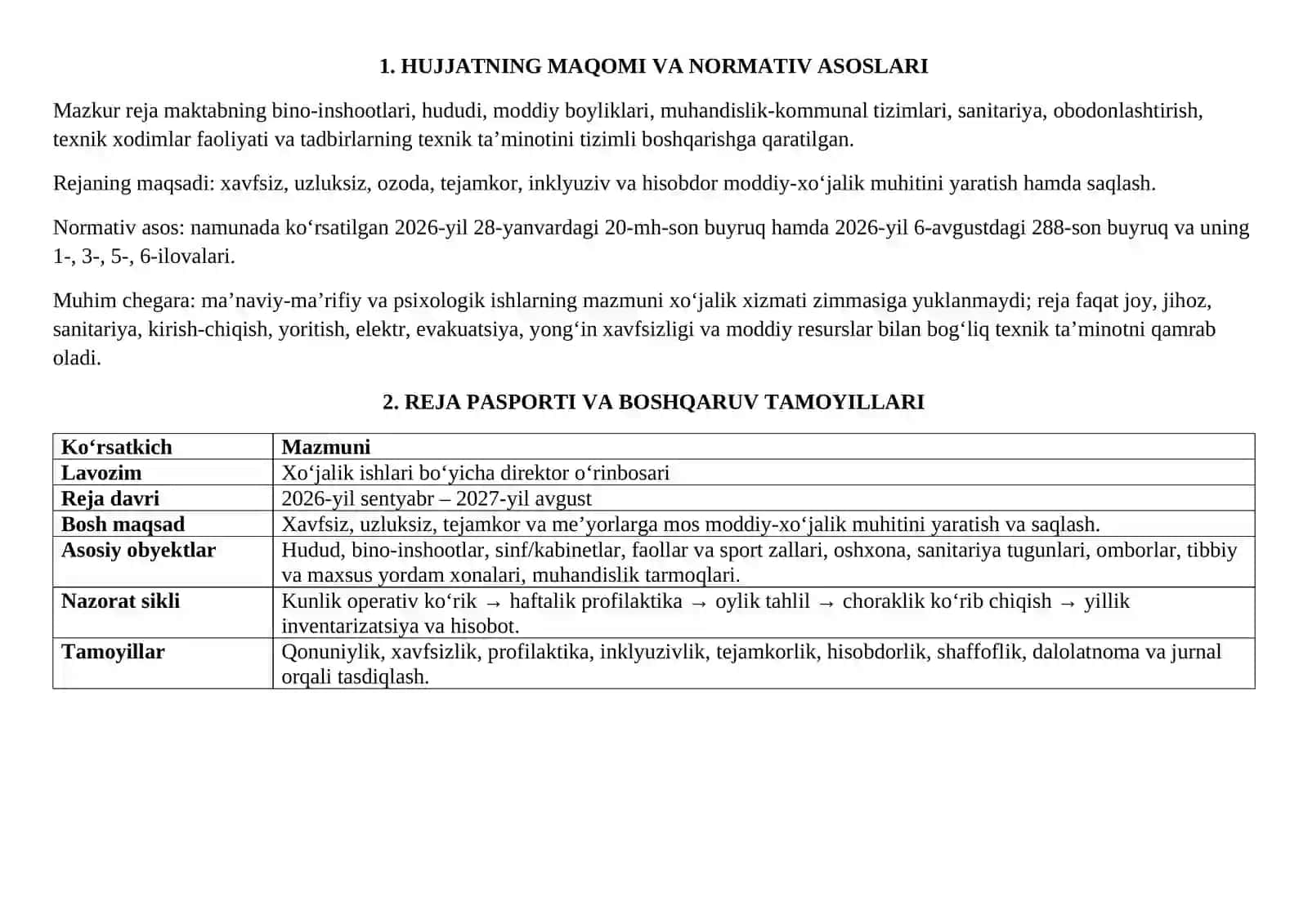 Maktab xo'jalik ishlari bo'yicha direktor o'rinbosarining yillik ish rejasi yangi 2