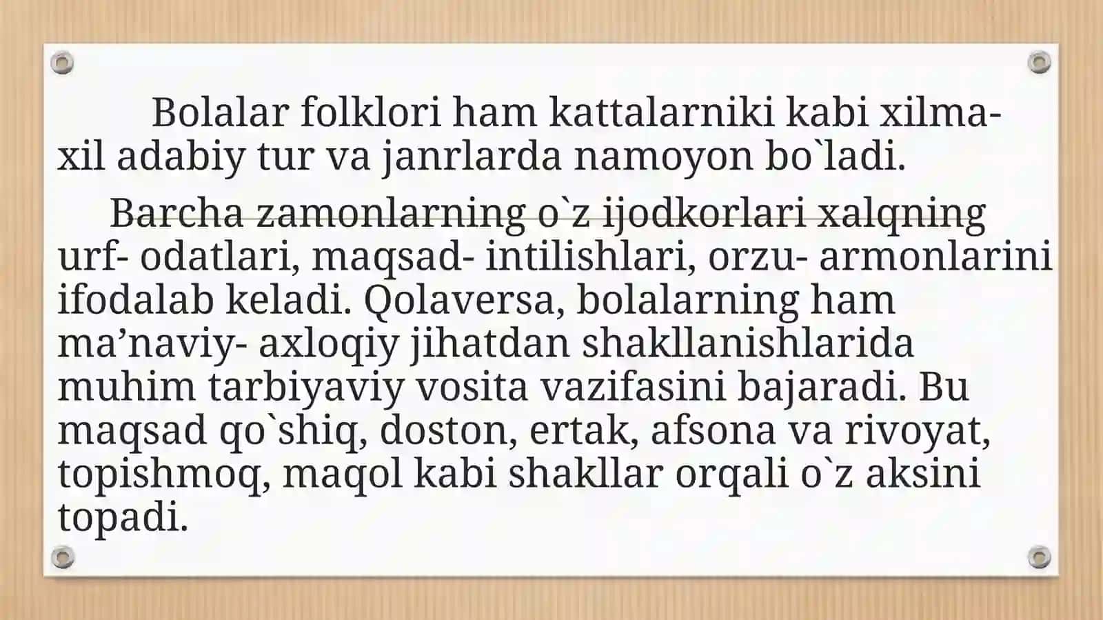 Bolalar adabiyotida xalq og`zaki ijodi. Maqol, topishmoqlar va tez aytishlar 2