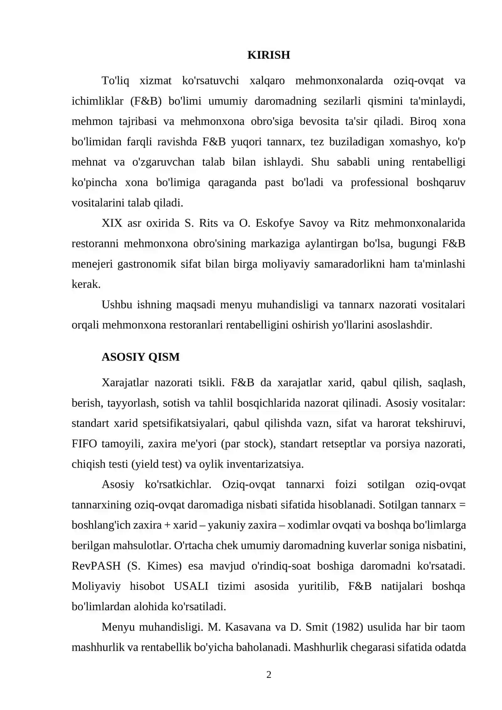 Mehmonxona restoranlarida menyuning muhandisligi va tannarx nazorati orqali F&B rentabelligini oshirish 2
