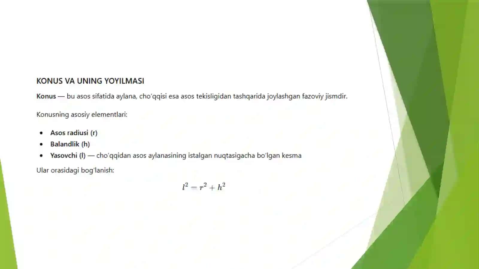 Konus va uning yoyilmasi va masalalar yechish 2