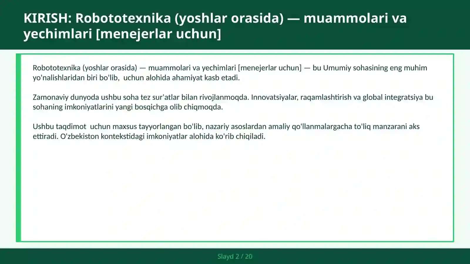 Robototexnika (YOSHLAR ORASIDA) — MUAMMOLARI VA YECHIMLARI [MENEJERLAR UCHUN] 2