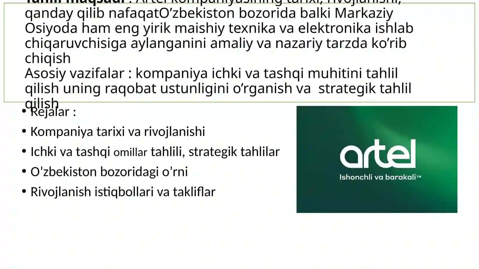 Artel kompaniyasi haqida 2