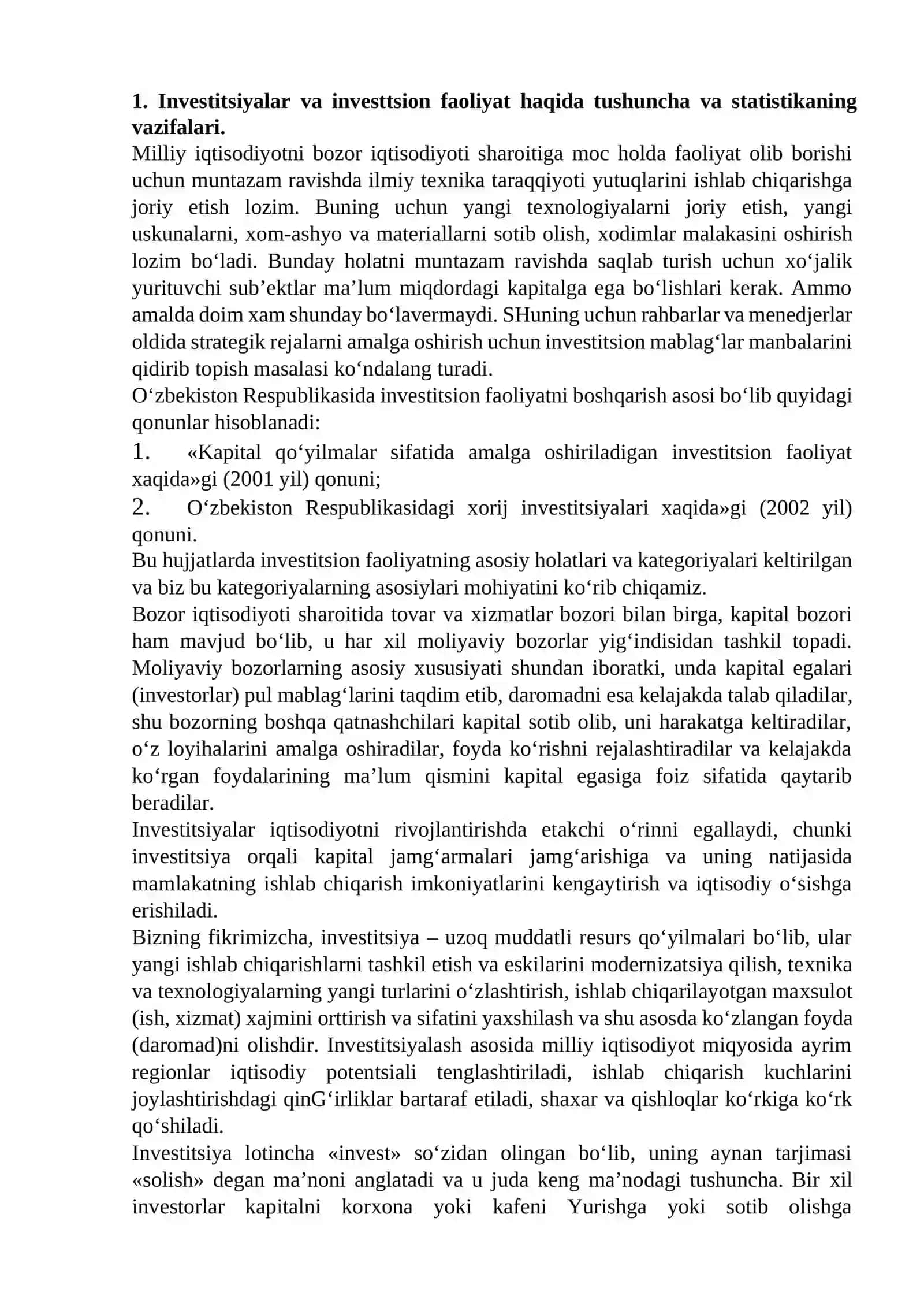 Investitsiyalar va investitsion faoliyat statistikasi 2