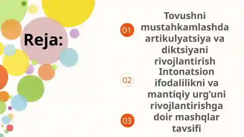 O’yinlar va mashqlar tavsifi. Tovushni mustahkamlash bosqichida artikulyatsiya, diktsiya, intonatsion ifodalilikni, mantiqiy urg’uni rivojlantirish. 2