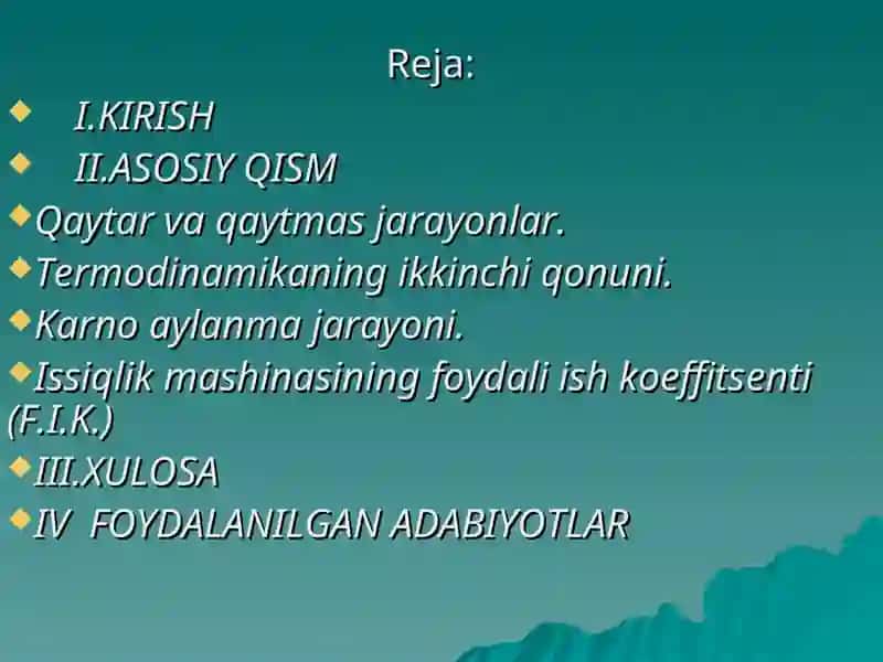 Qaytar va qatmas jarayonlar enterotopiyaMaksvell taqsimoti 2
