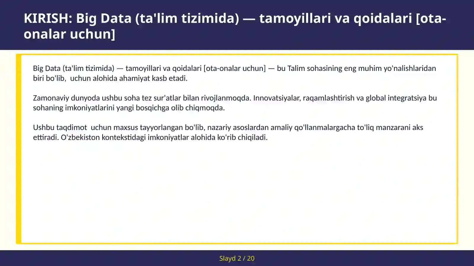 Big Data (ta'lim tizimida) — tamoyillari va qoidalari [ota-onalar uchun] 2