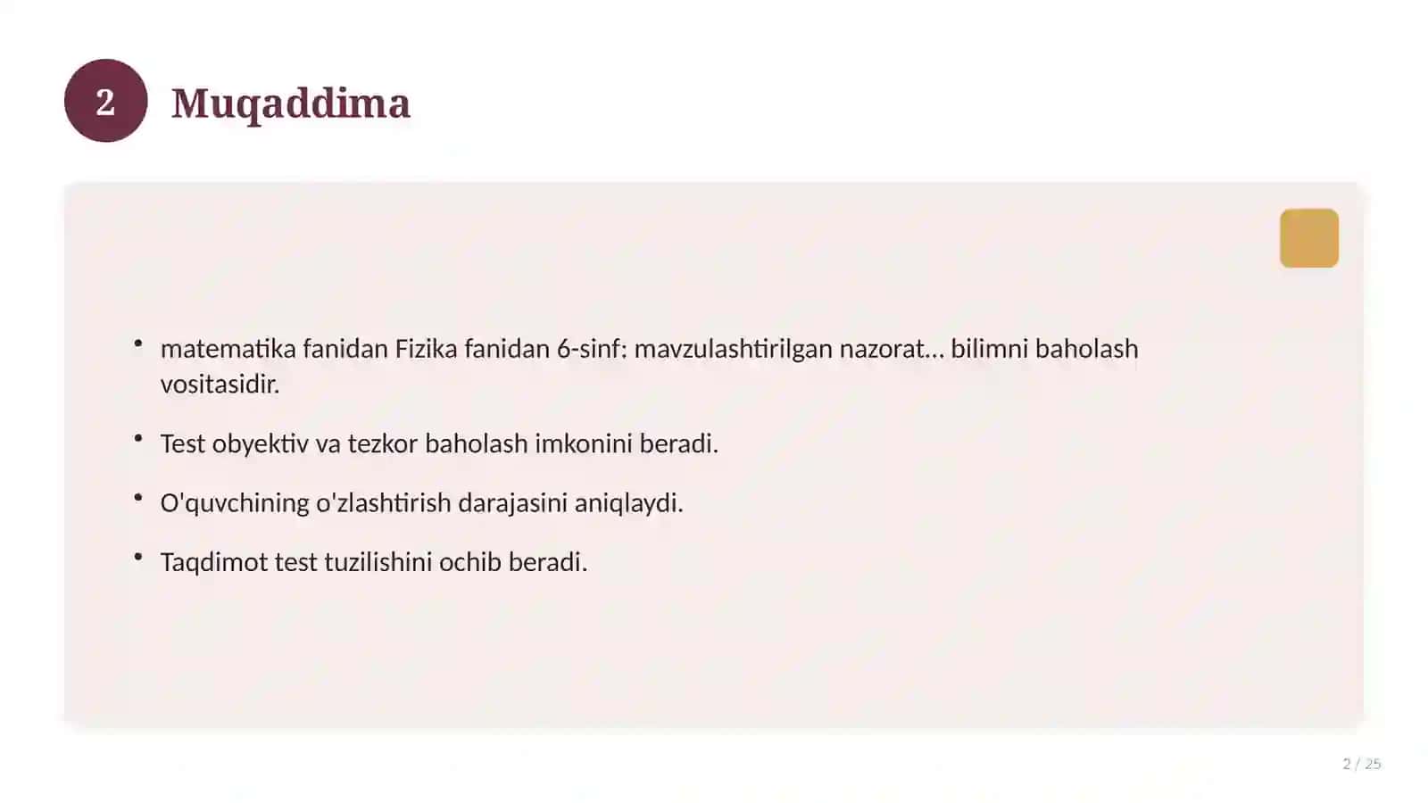 Fizika fanidan 6-sinf: mavzulashtirilgan nazorat ishi va tahlil 2