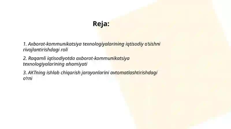 Axborot-kamunikatsiya texnalogiyalarining iqtisodiyotdagi o'rni va vazifalari 2